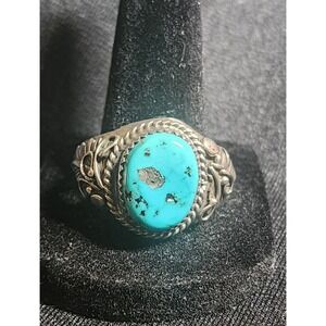 VTG RB Sterling Silver Turquoise Ring Southwestern Leaf Design Mens Size 13.25
